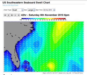 2010-11-05_1502_Saturday_6PM_projected_swell_patterns_640w Saturday 6 Pm, projected swell. The bright yellow at the bottom is Hurricane Tomas, and above is the Nor'ester as the two converge.