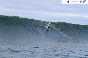 From magicseaweed.com,  a huge Oregon swell w up to 25' to 35' face heights, early Jan. this year, Justin Howard setting up to backdoor the peak.  Some did tow in, and a couple others waited for the glass, and paddled into these waves.