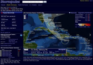 Tropical Storm Emily has stalled as of 8 PM tonight (Wed) but still should throw some waves.  Image compliments of stormpulse.com