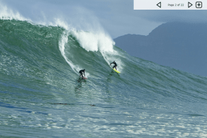 Dungeons - n - Sunset, South Africa, on a 15 foot swell (but a wave of the day here, maybe 18), March 1 2012. From Magicseaweed.com  Jeremy Johnson and Matt Bromley on a bomb.