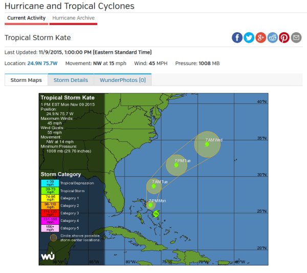 Tropical-Storm-Kate-at-1pm-11-09-15-Wunderground-tracking-for-Tuesday-swell-compliments of Wunderground.com